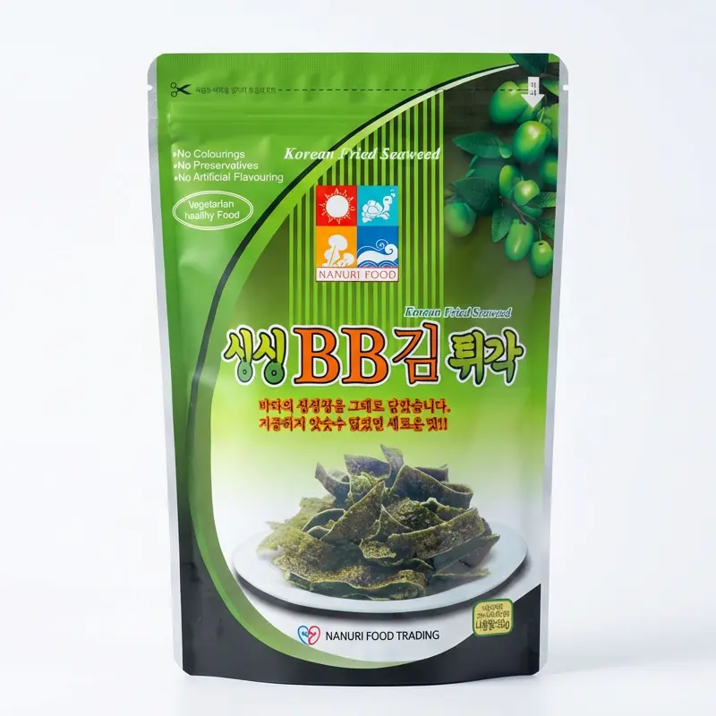 Nanuri BB Crispy Korean Fried Seaweed Snack 50g. Halal Certified, No MSG, Vegetarian Friendly. Packaging View.