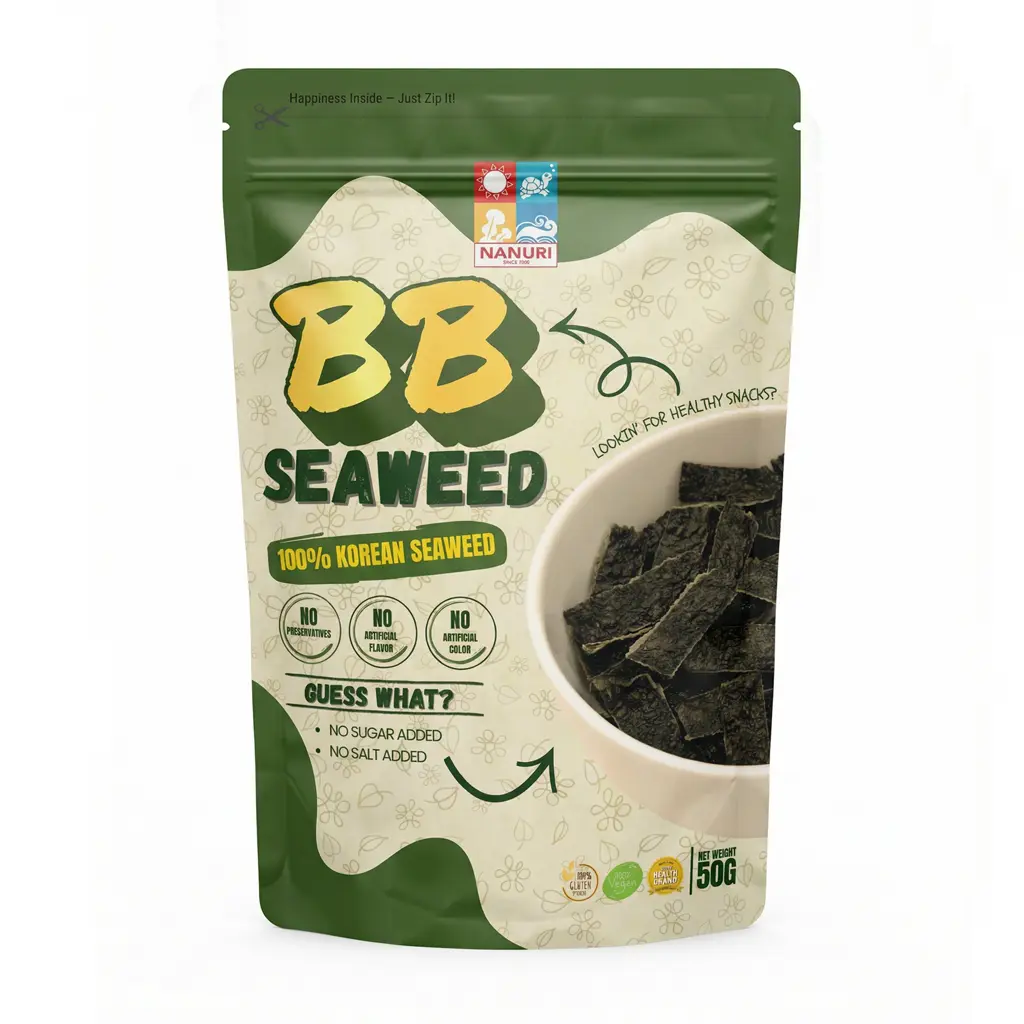 Green resealable bag of Nanuri BB Seaweed showing dried nori strips with labels No Sugar Added, No Salt Added, Gluten Free, and Vegan.