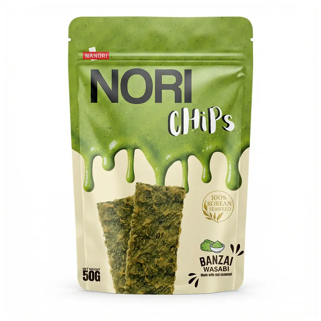 Green pouch of Nanuri Nori Chips Banzai Wasabi flavor featuring crispy seaweed squares with 100% Korean Seaweed badge.