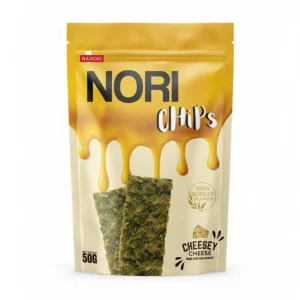 Yellow packaging of Nanuri Nori Chips Cheesey flavor showing melting cheese graphic over crispy seaweed.
