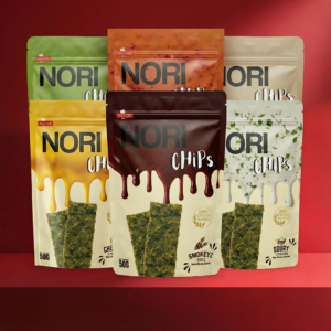 Full set of 6 Nanuri Nori Chips flavors stacked together representing abundance for Chinese New Year open house snack.