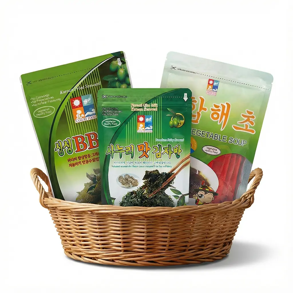Woven basket filled with assorted Nanuri Food premium seaweed snacks and soup ingredients